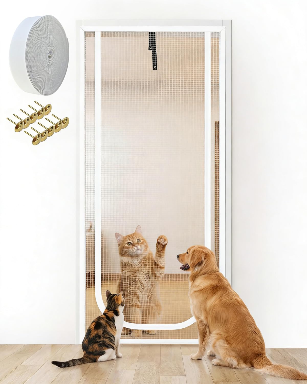 Screen Doors - Cat Door Screen with Double Sides Zip Heavy Duty Pet Screen Door for Dogs Cats Mosquitos Fits Door Size 80cm x 200cm for Living Room Bedroom Kitchen Patio Corridor White