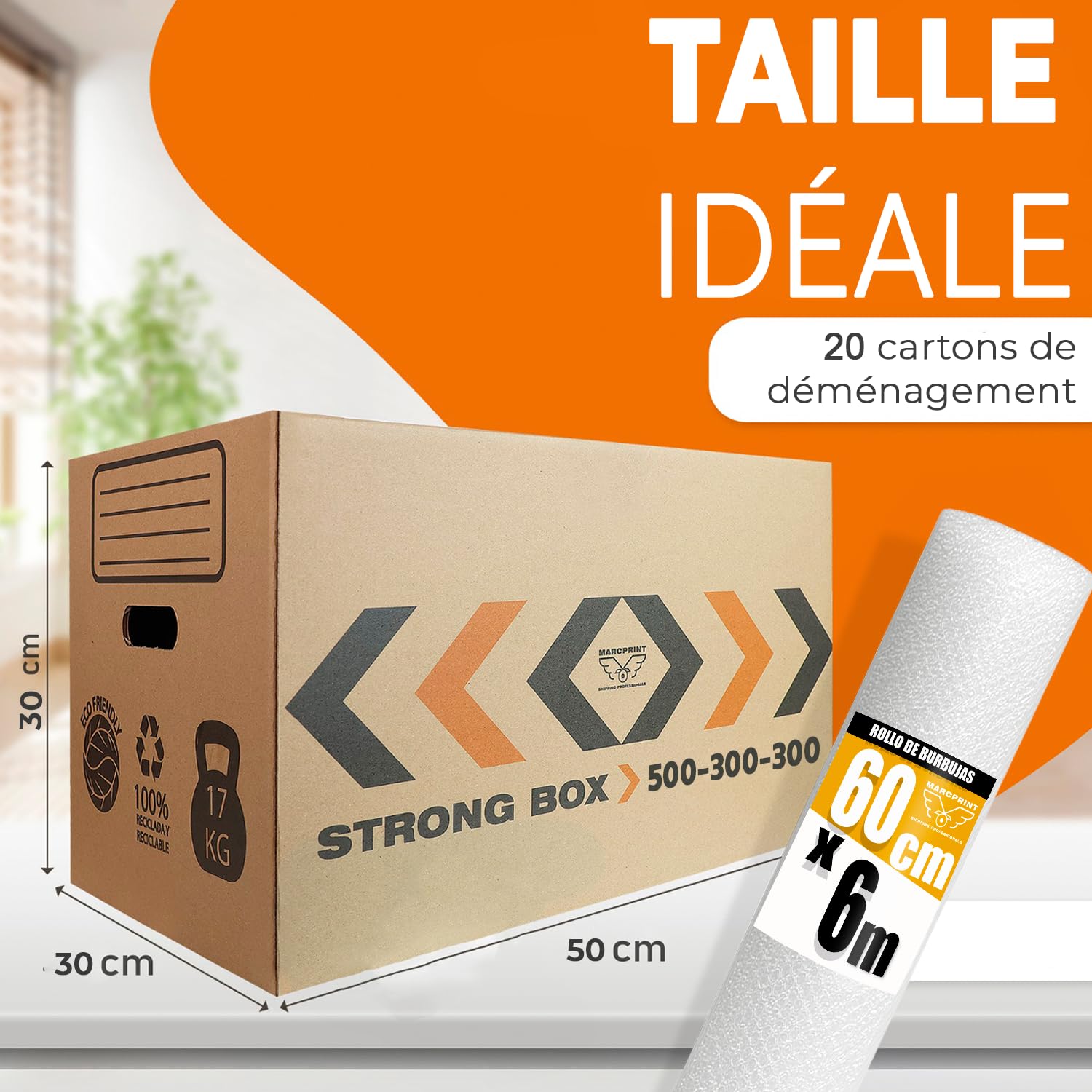 Boîtes de déménagement Taille L 50x30x30 cm renforcées FSC Lot de 20 + rouleau à bulles