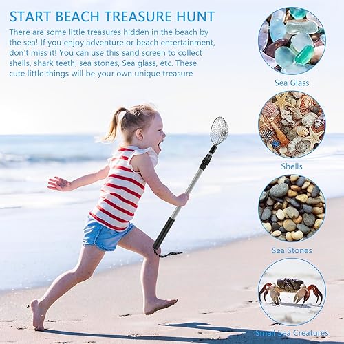 Miniatura 4 de 2 piezas de tamiz de arena de playa, pala de concha para playa con mango largo, herramienta de tamizado de rocas de caza, pala de playa para peine