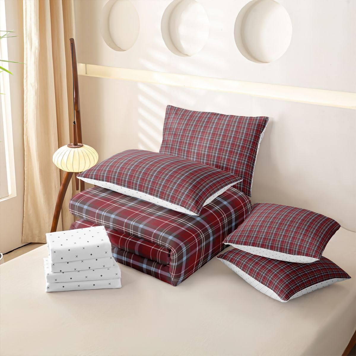 Loussiesd Set completo di biancheria da letto con copripiumino, lenzuola, federe, federe, 7 pezzi, colore: rosso