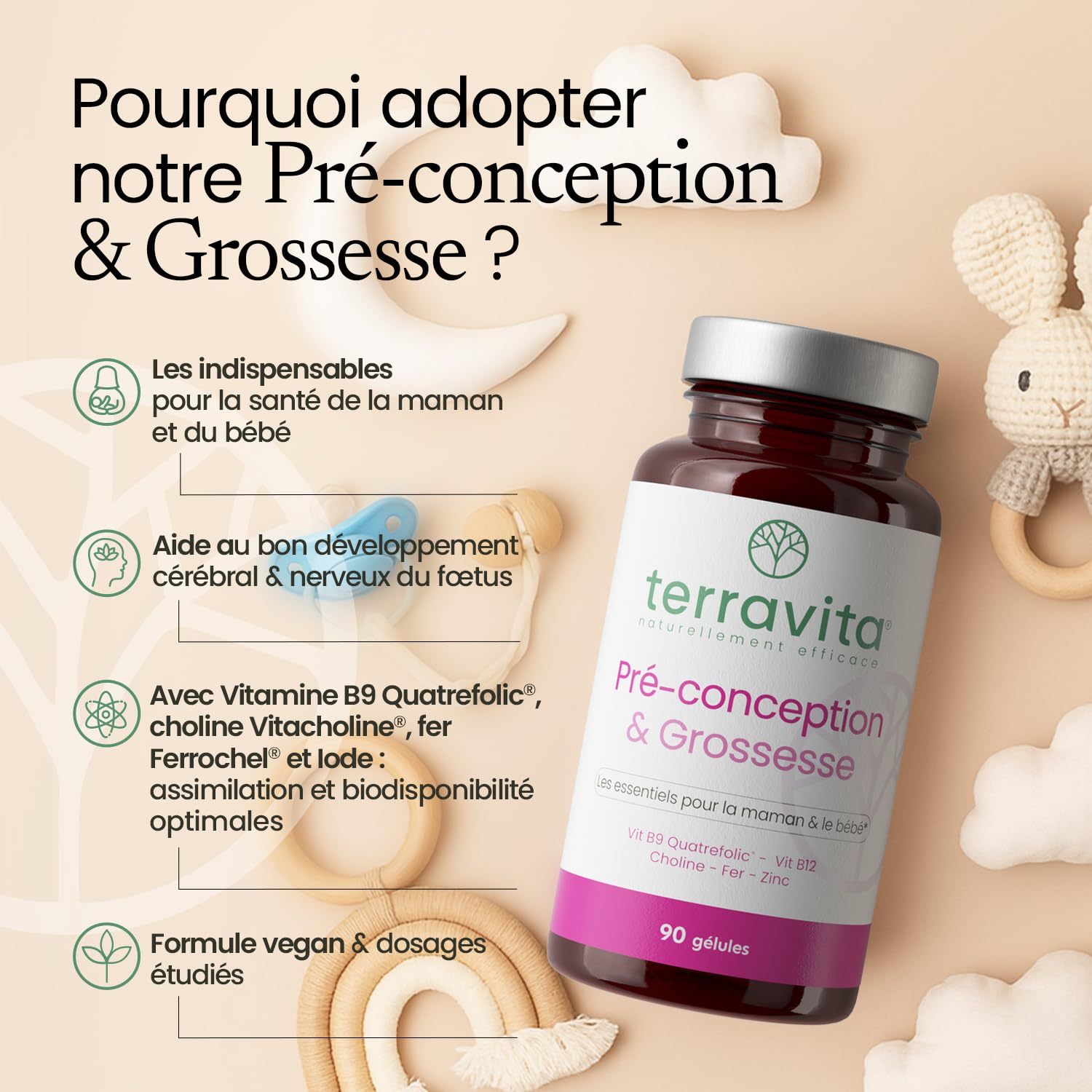 PRÉ-CONCEPTION ET GROSSESSE | Formule Complète avec Acide Folique Quatrefolic® + Choline Vitacholine™ + Vitamines et Minéraux | 90 Gélules | Made in France | Terravita