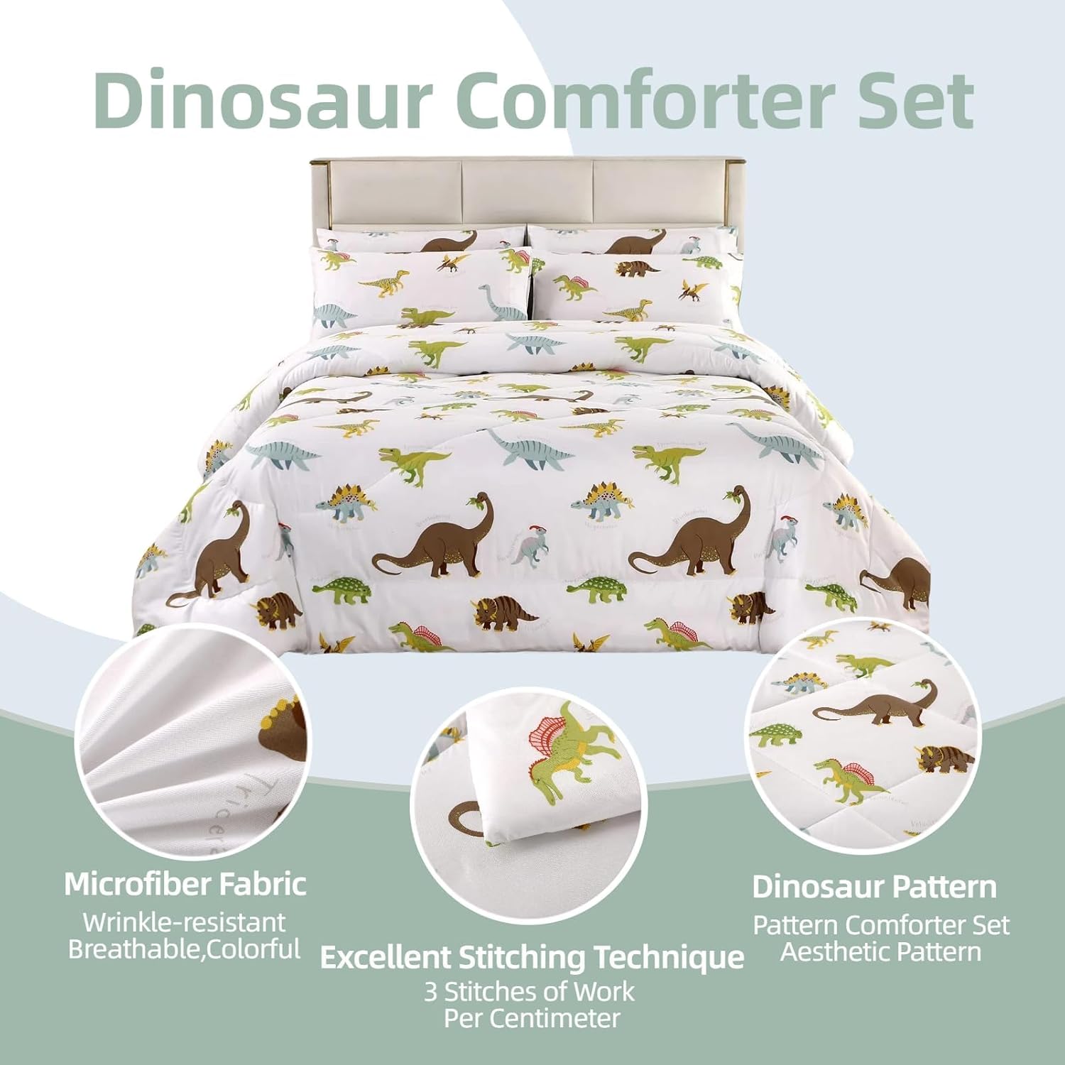 MAG 3Pcs Dinosaur Bedding Comforter Set, Dinosaur White Base Queen Comforter Set,All Season for Toddlers Kids Boys Teens and Girls,Super Soft Microfiber,Queen Size (1 Comforter + 2 Pillowcases) - Image 2