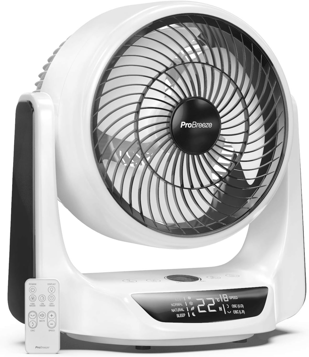 Pro Breeze 10” DC Air Circulator Fan - Ultra Quiet - Automatic Oscillation, 16 Fan Speeds, 4 Operational Modes, Timer, LED Display & Remote Control. Perfect for Desks, Bedrooms & Offices