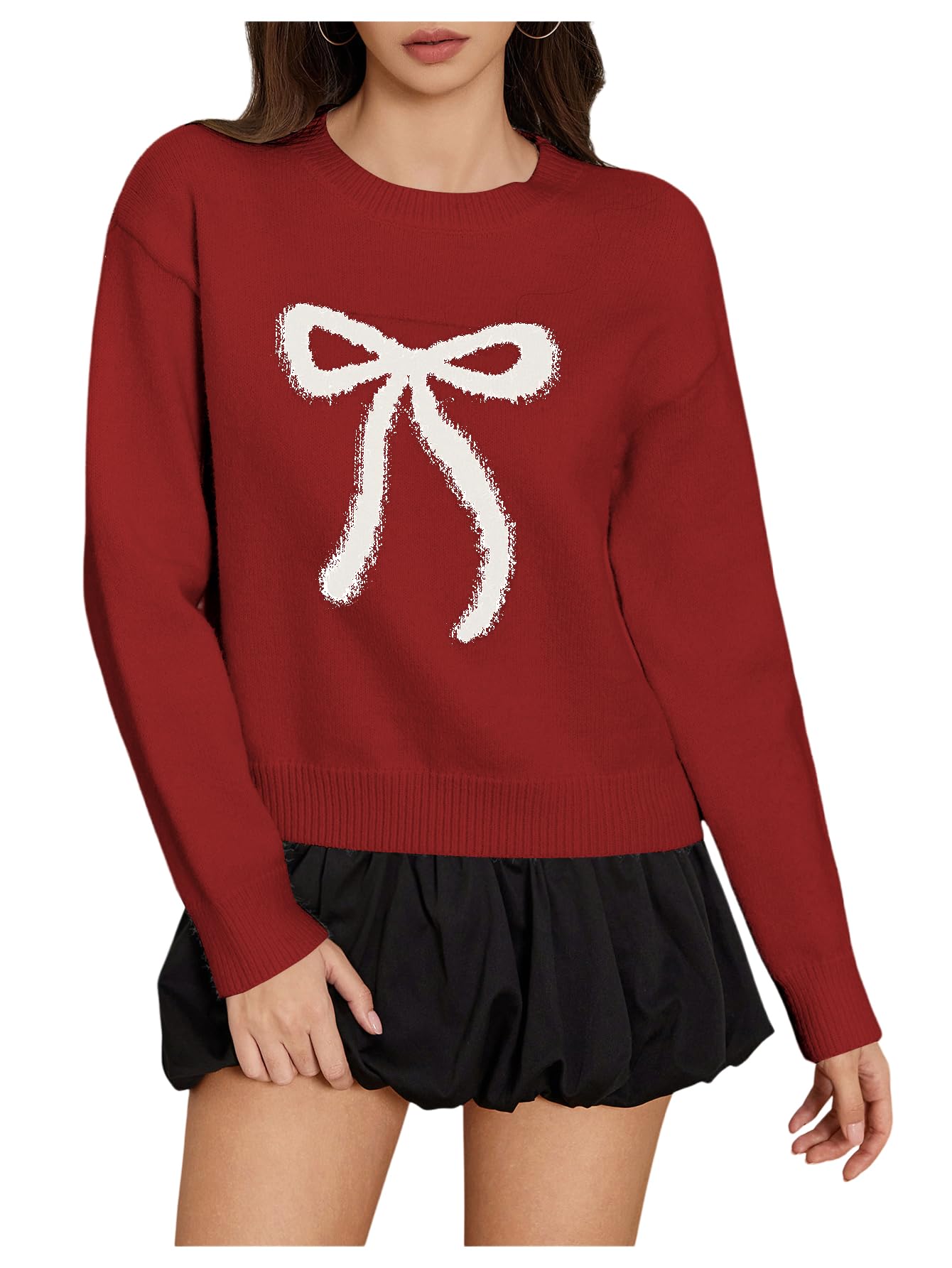 Verdusa Womens Bow Cozy Sweater Crew Neck Pullover Knit Tops Preppy Fall Clothes