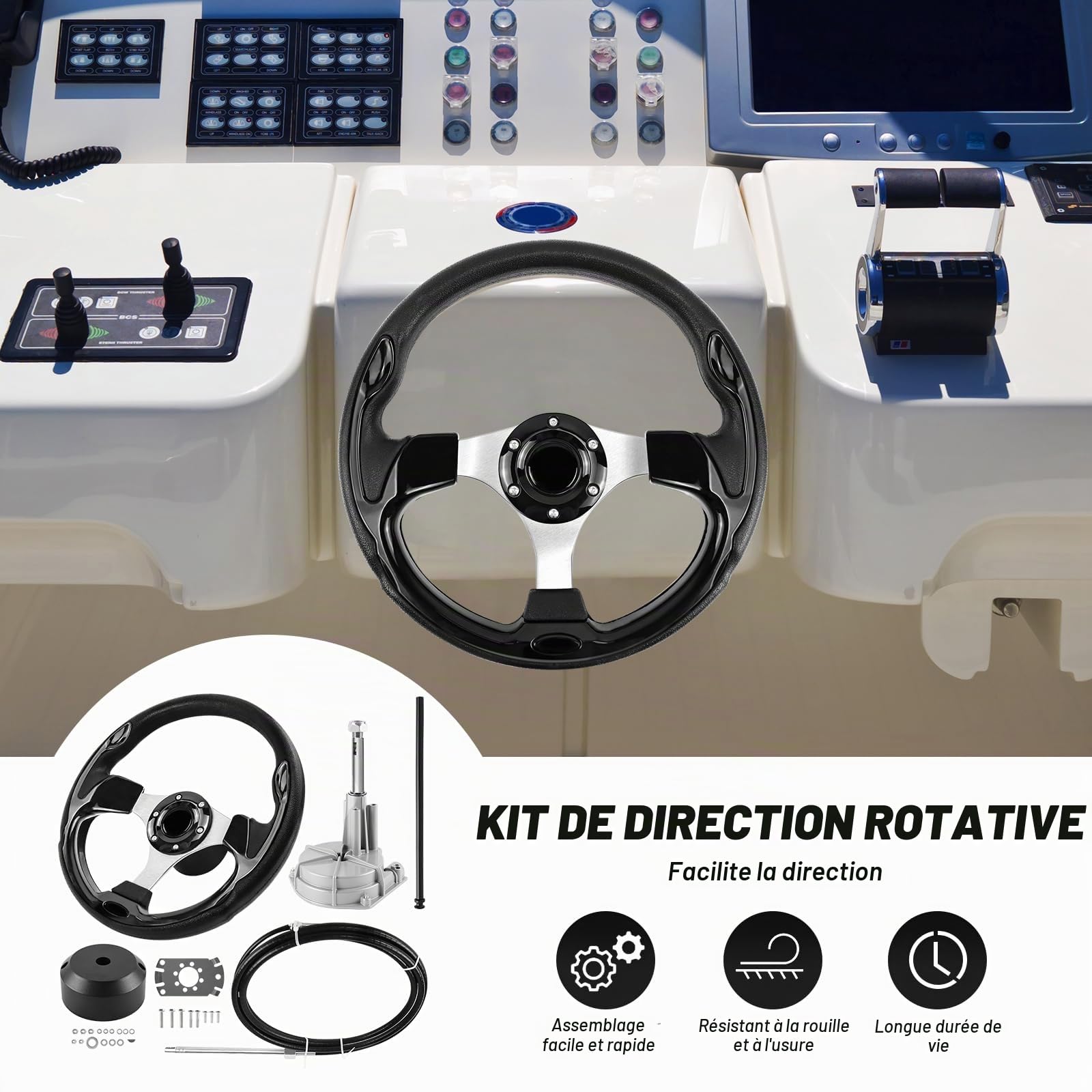 Système de direction de bateau - Kit de direction rotative mécanique - Câble de commande de 457,2 cm pour hors-bord - Systèmes de direction marine pour bateaux de pêche, yachts et autres
