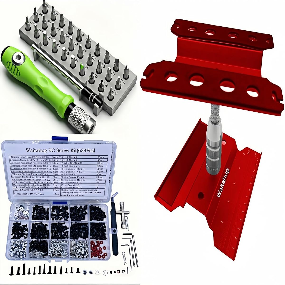 Kit de herramientas para coche RC, kit de tornillos RC de 634 piezas, banco de trabajo de reparación elevable con rotación de 360 ​​grados, destornillador 32 en 1, para 1/16 1/12 1/10 1/8, todo tipo de camiones, automóviles, trenes, aviones, etc.