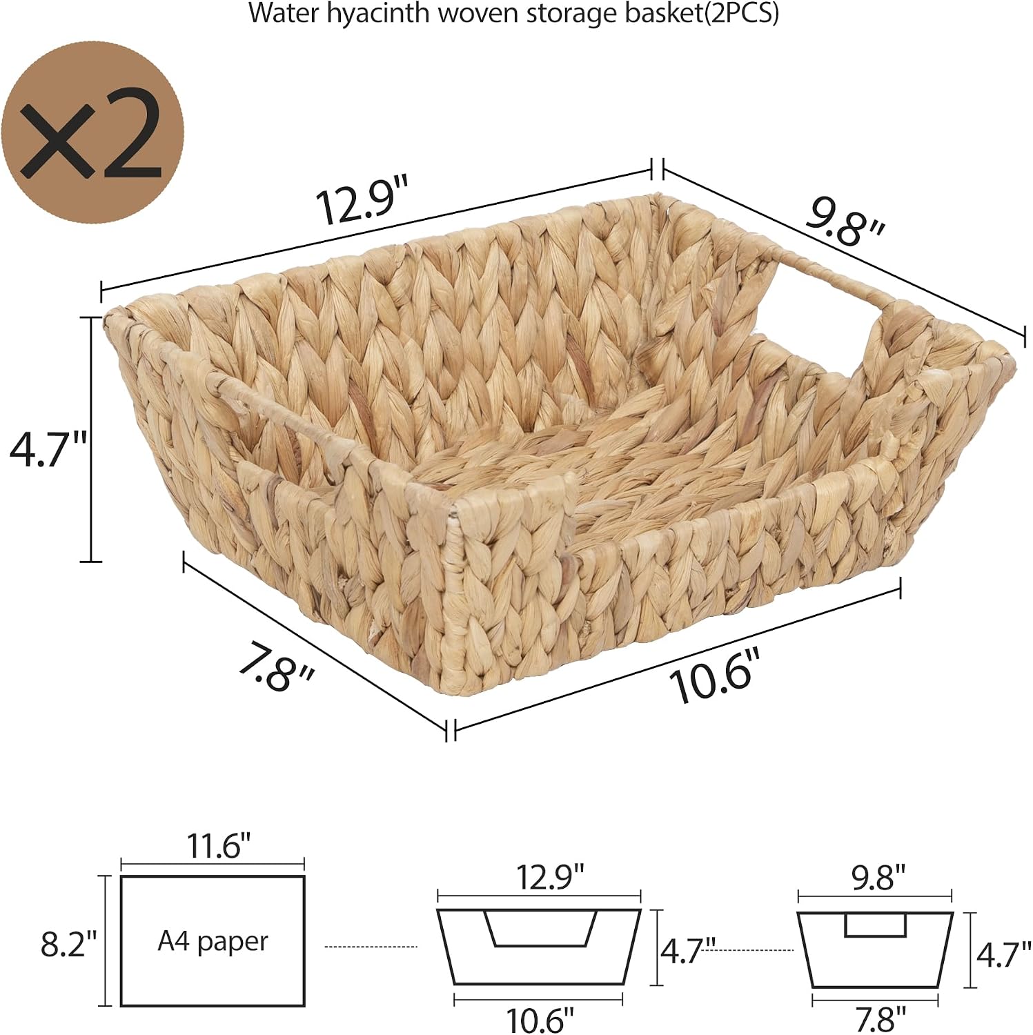 2-Pack Wicker Basket for Pantry Organizers and Storage, Stackable Water Hyacinth Storage Baskets for Pantry Shelves