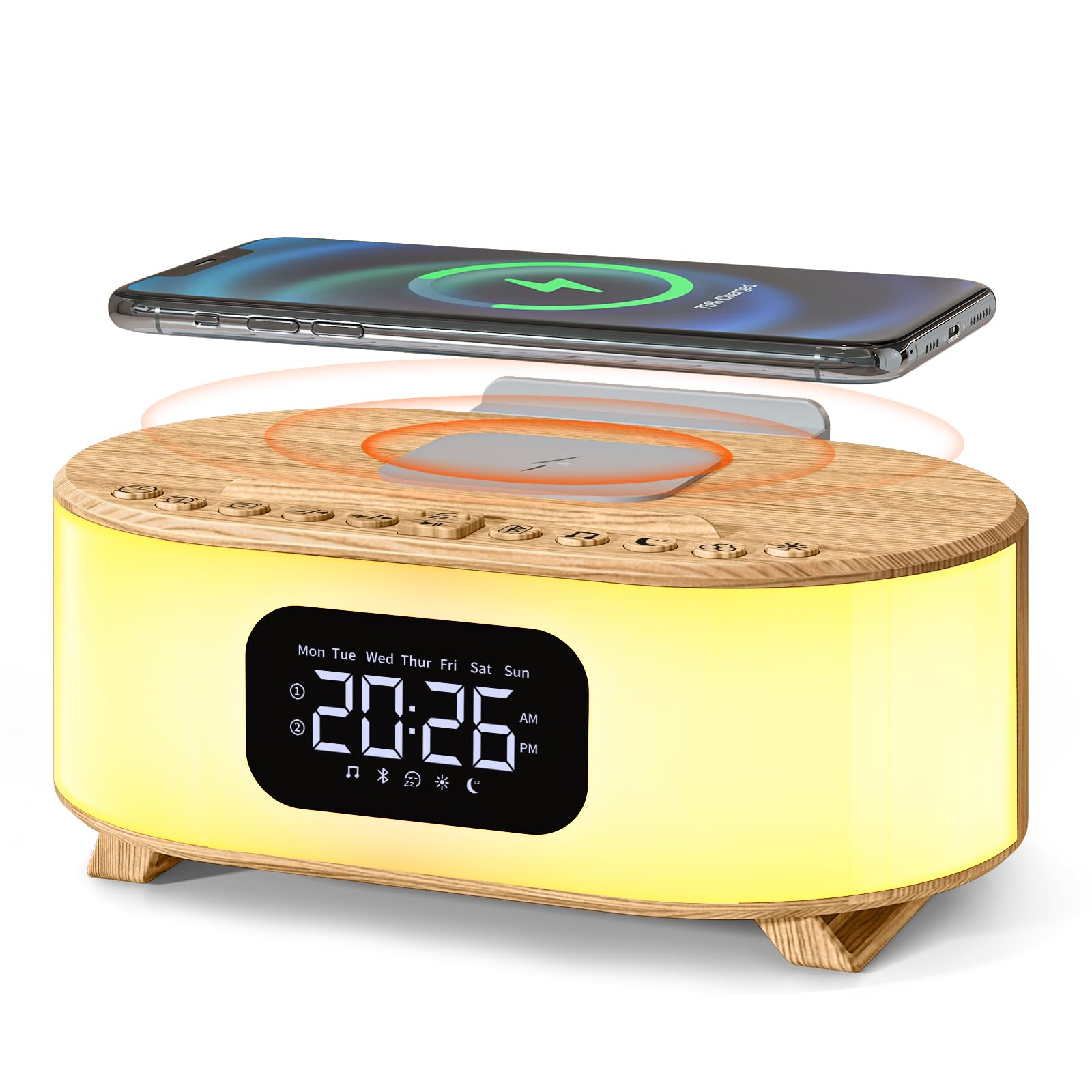 Wooden Digital Alarm Clock with Wireless Charging, Dimmable, Adjustable Volume, Snooze, Dual Alarms Sleep Timer 12 24H, Natural Sounds, Night Light with 12 Clock for Bedroom, Bedside, Office