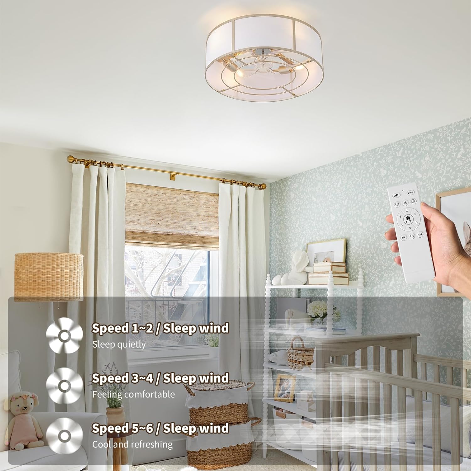 hummingbird 20inch Low Profile Caged Ceiling Fans with Lights, Flush Mount Ceiling Fan with Lights and Remote, Bladeless Modern Enclosed with 6 Speeds for Bedroom, Kitchen, Gold