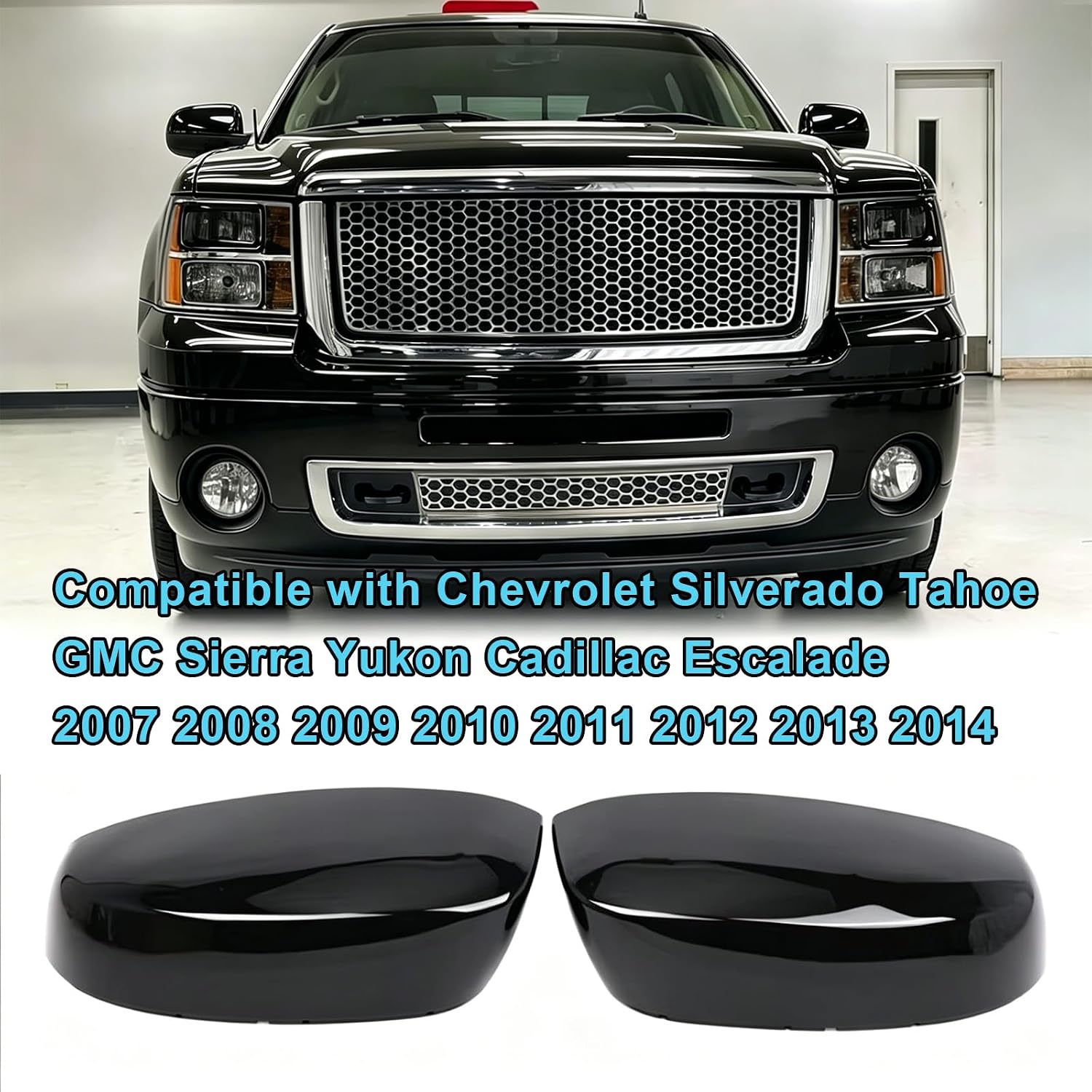 Exterior Door Top Half Tow Mirror Cap Cover for Chevrolet Silverado Tahoe, GMC Sierra, Yukon Cadillac Escalade 2007-2014 Mirror Caps Covers Snap-on (Glossy Black)