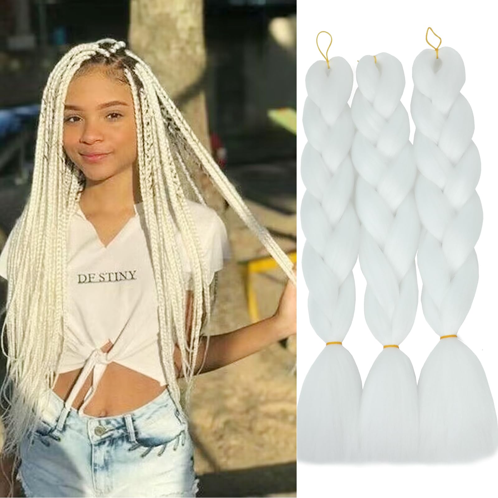 Snow White Braiding Hair For Braids 3pcs Solid White Jumbo Braid Hair Fake Hair Extensions 100gram/pc 24inch Synthetic Braids
