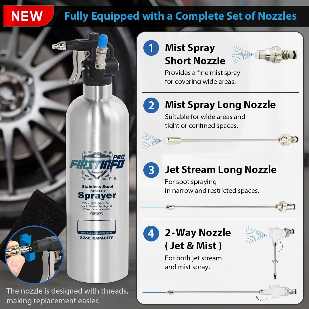 FIRSTINFO A1636K | Pulverizador recargable de acero inoxidable 650 ml para limpiador de frenos | Presión máxima 110 psi | Lata tipo aerosol reutilizable con 4 boquillas intercambiables