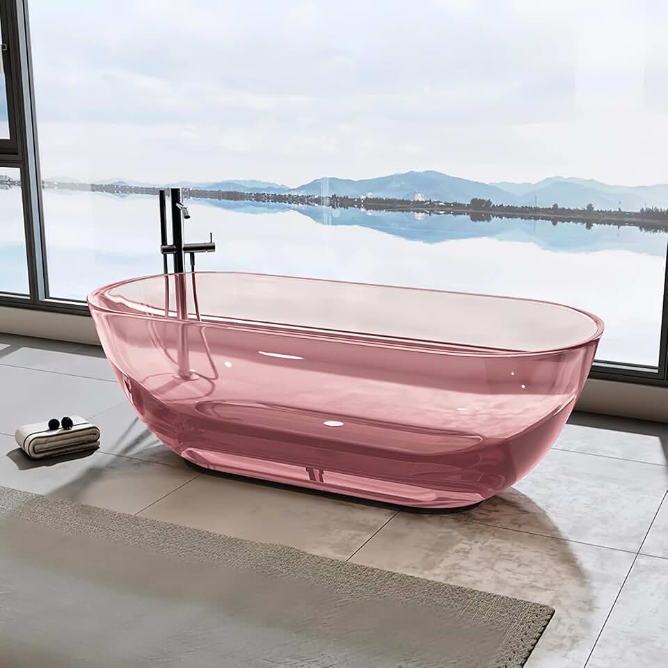 Freestanding Bathtubs - 59IN Transparent Bathtub with Modern Oval Design, Modern Bathroom Bath Tub with Multiple Colors Available for Soaking, Pink