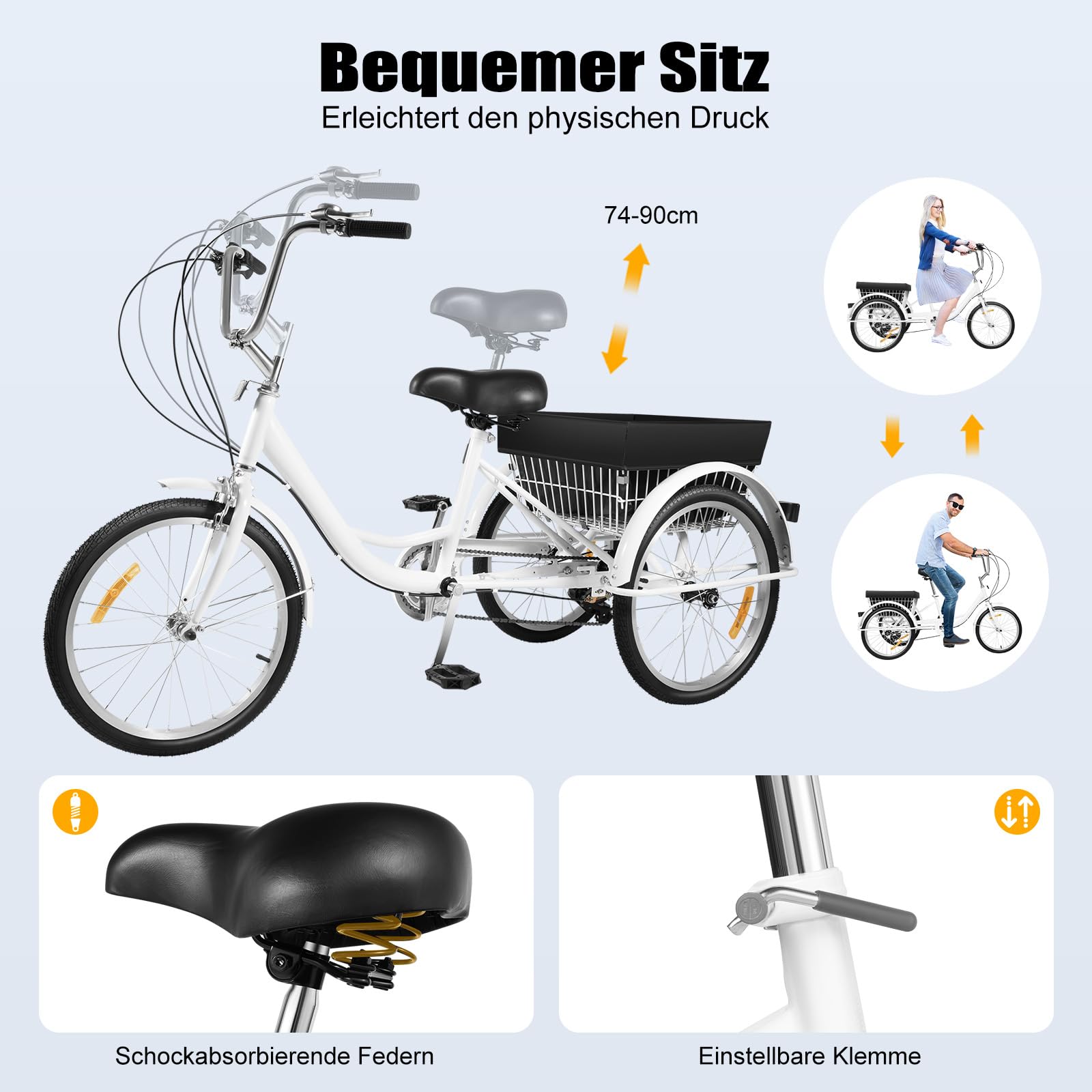 Triciclo de 20 pulgadas, bicicletas de tres ruedas con cesta plegable, 8 ajustes de velocidad, triciclos para hombre, triciclo para compras, ciudad, ocio, color blanco