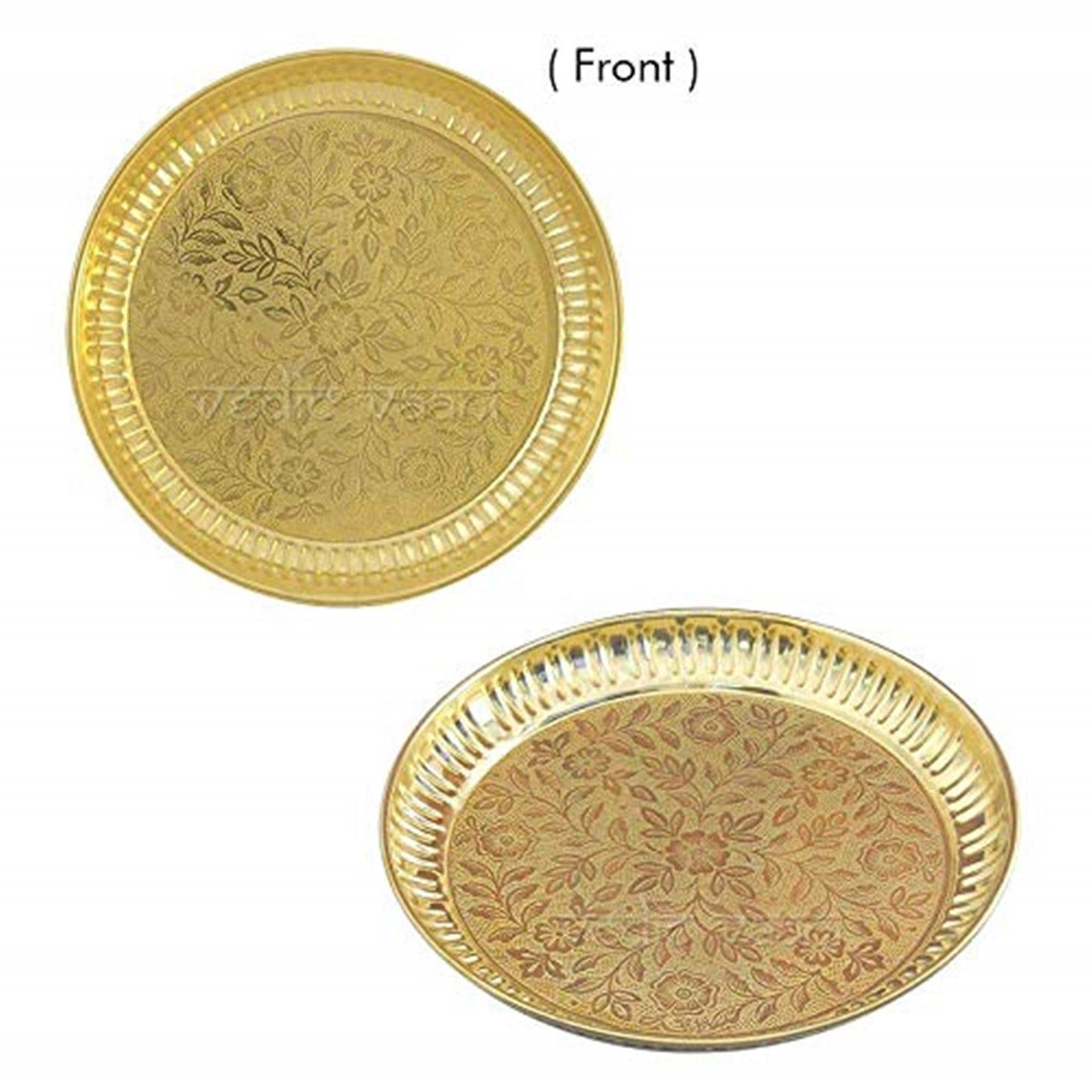 Skywalk Set of 2 Handmade Brass Puja Thali with Flower Emossed Design,Brass Pooja Plate for Home & Office Decoration & Gifting (Size-6 Inch)