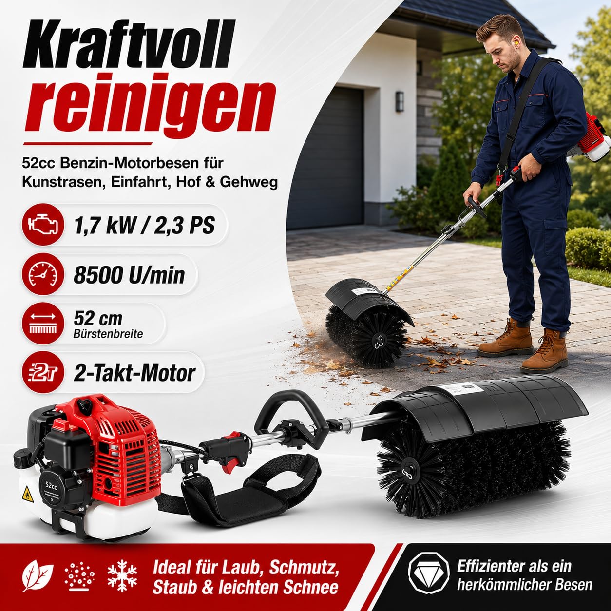 52cc Kehrmaschine Benzin, 2-Takt Motorbesen mit 2,3 PS & 8.500 U/min | 52 cm Kehrbreite, inkl. Tragegurt und Schutzbrille – Benzin-Kehrbesen für Hof, Einfahrt, Gehweg und Kunstrasen