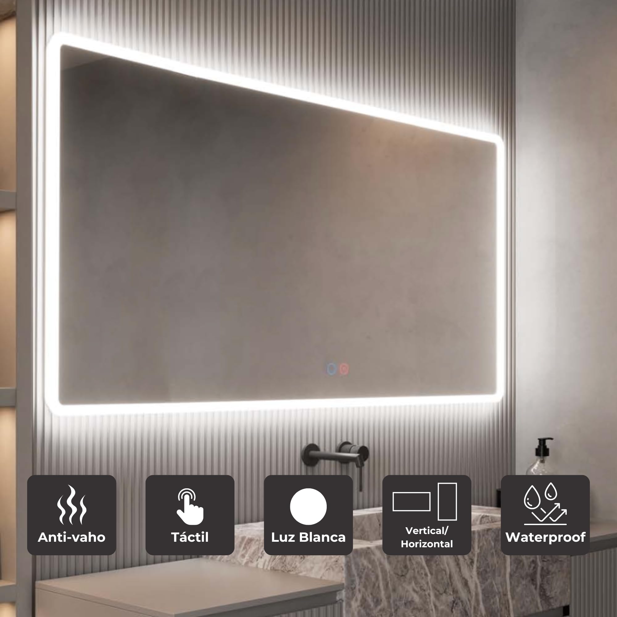 NOLUXA LEDIMEX - Espejo Retroiluminado 90x80cm con Luz LED y Antivaho para Baño | Espejo Inteligente Rectangular con Luz Integrada Frontal Fría 6500k y Sensor ON/Off | Serie Praga