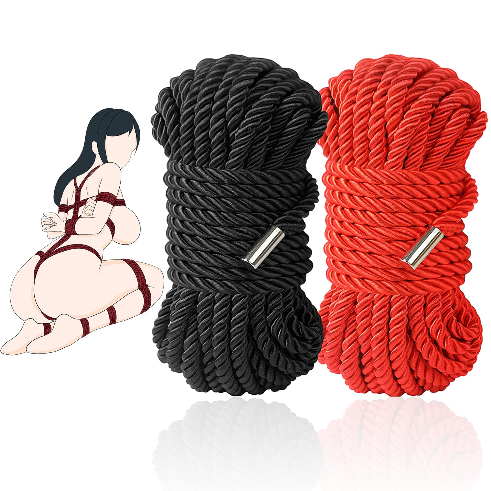 BDSM Couple Intimate Bondage Set - Soft and Multifunctional Sex Rope - Bedroom Adult Bondage Toy - Perfect for Bondage Beginners (2-piece Set, Black, Red)