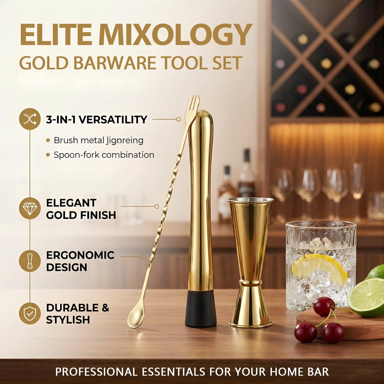 Gold Muddler for Cocktails, 10 Inches Bar Spoon, 1 oz 2 oz Double Jigger- Premium 3 Piece Gold Mixing Tools Set for Drinks