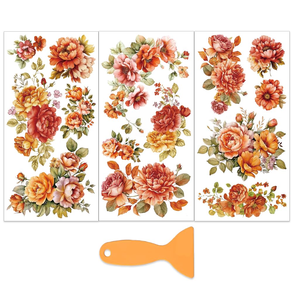 OLYCRAFT 3Pcs/Set Orange Flower Rub on Transfers for Furniture and Craft 15x30cm Peony Furniture Decal Transfer Sticker Rub on Decal with 1pc Scraper for Scrapbook Window Home Decoration