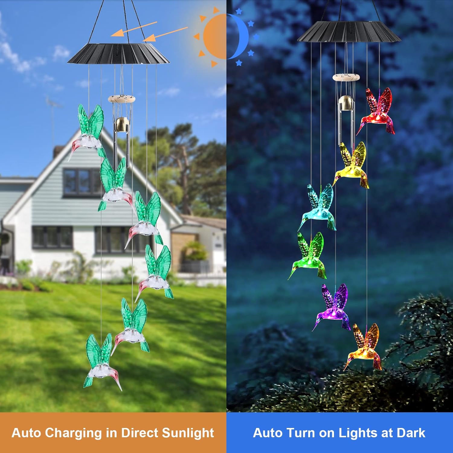 Hummingbird Solar Wind Chimes with Sounds, Qhecomce LED Color Changing Wind Bell, Hummingbird Gifts for Mom, Waterproof Outdoor Solar Hummingbird Wind Chimes for Garden, Yard, Patio Decor