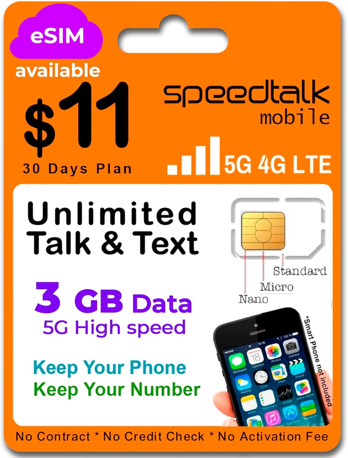 SpeedTalk Mobile Prepaid Cell Phone SIM Card for Smart Phones & Cellphones | $11 Monthly Plan - Unlimited Talk & Text + 3GB 5G 4G LTE Data | 3-in-1 SIM Card Standard Micro Nano