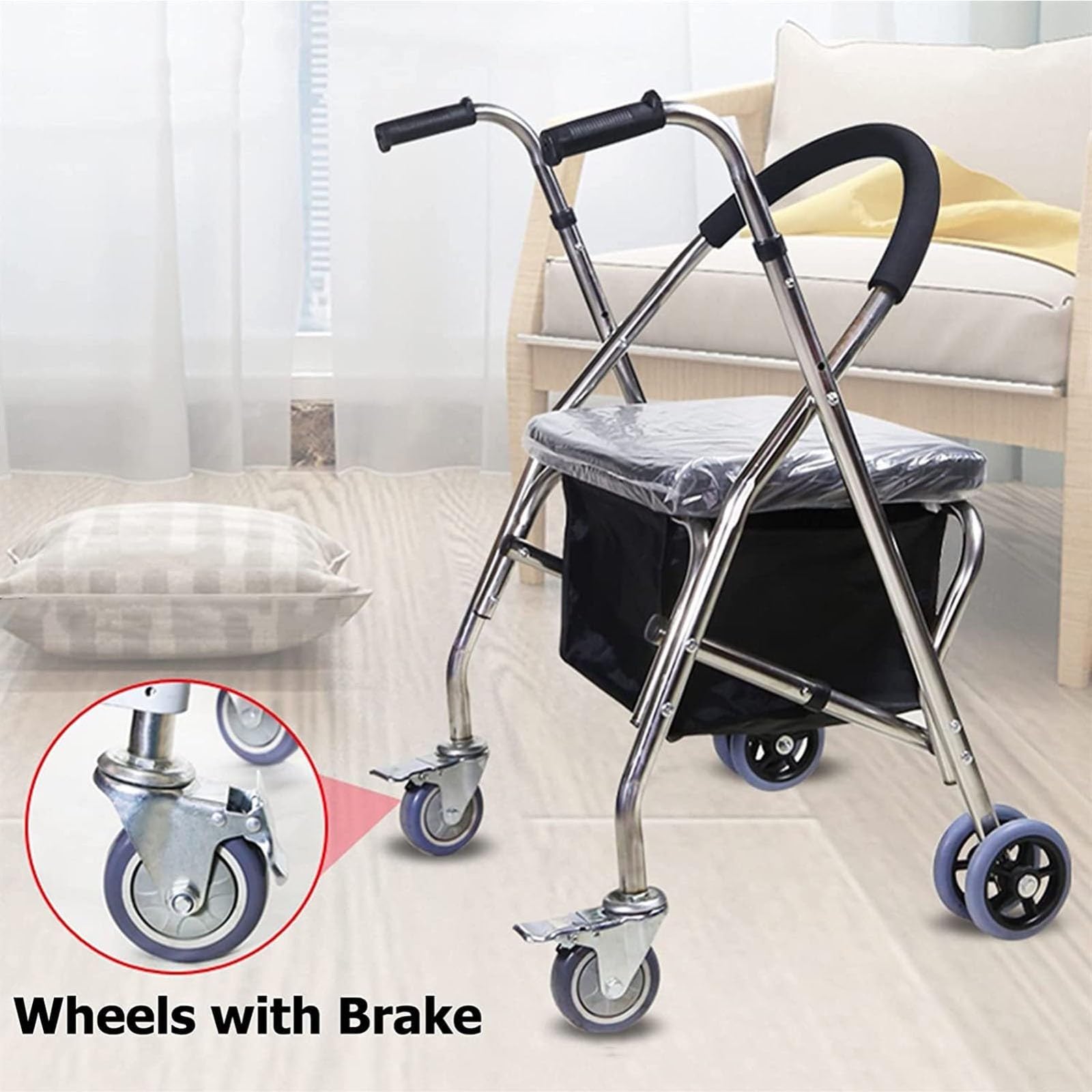 Rollator De 4 Ruedas, Andador para Ancianos con Asiento, Andador para Minusválidos, Andador con Frenos por Presión, Lige Altura Ajustable B