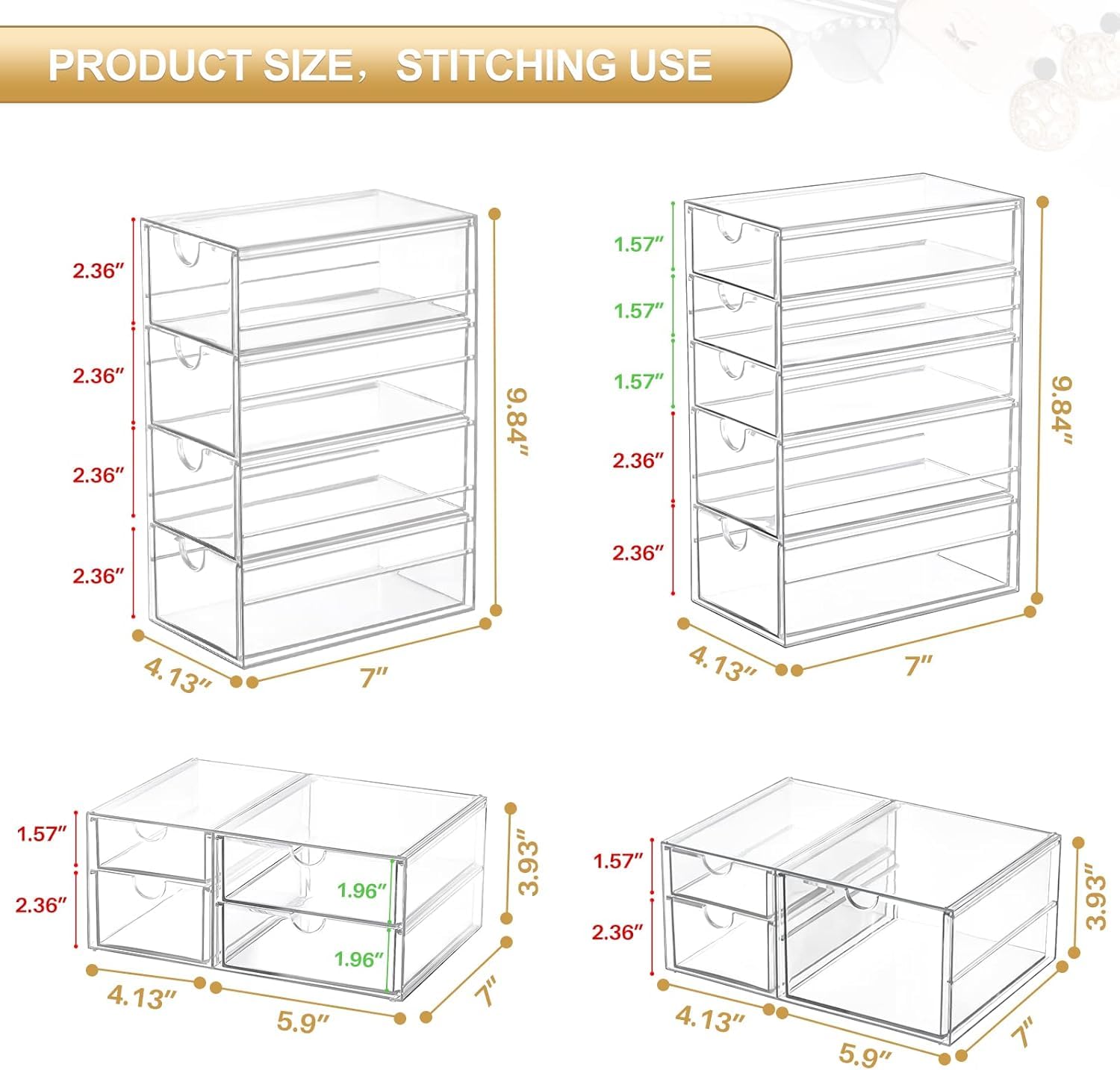 Archiviazione dell'organizzatore per trucco con 16 cassetti, forniture per ufficio desktop da 4 pezzi, organizzatori della scrivania, accessori per scrivania chiari per trucco, gioielli, penna ecc.
