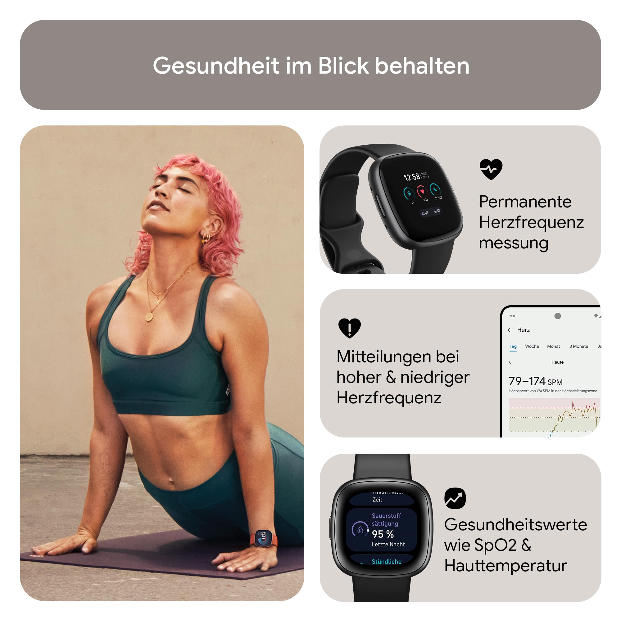 Google Fitbit Versa 4 Smartwatch Fitness-Tracker GPS Telefonfunktion 6 Tage Akkulaufzeit 40+ Trainingsmodi kompatibel Android iOS