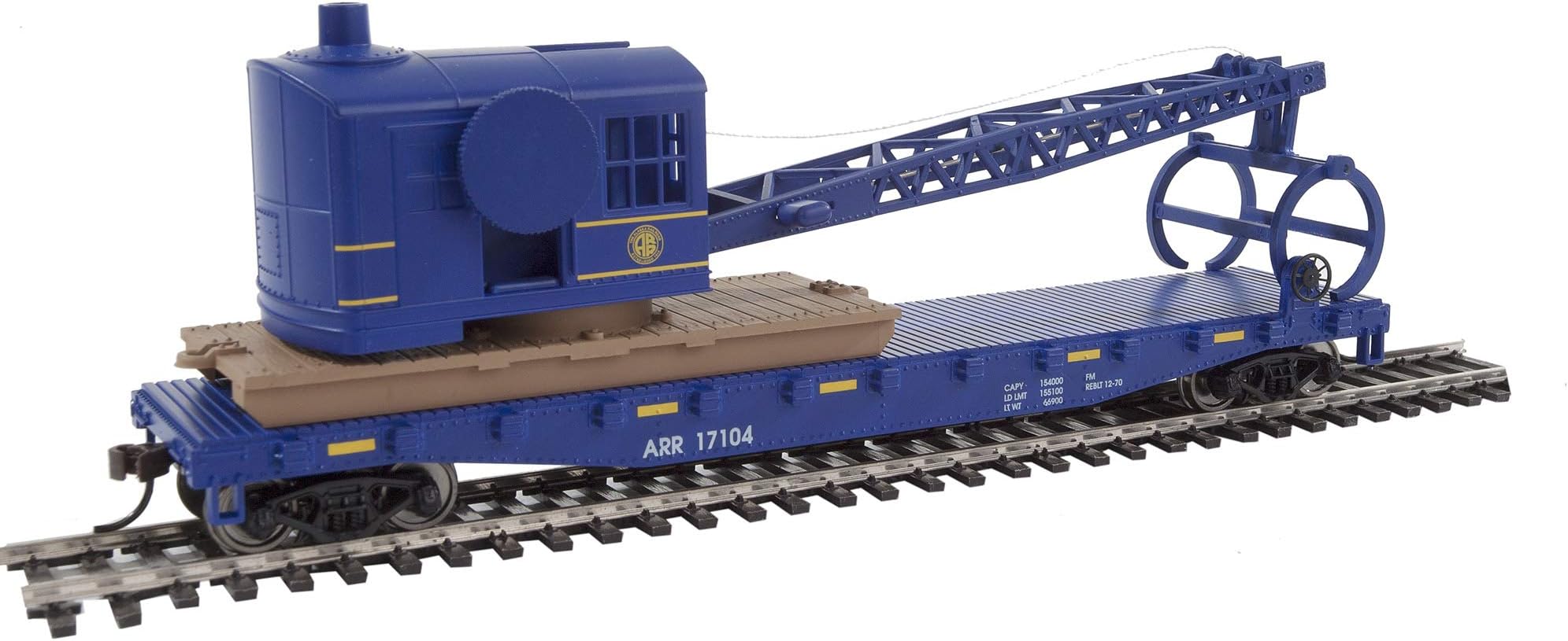 HO Scale Model Flatcar with Logging Crane - Alaska Railroad 17104, Blue