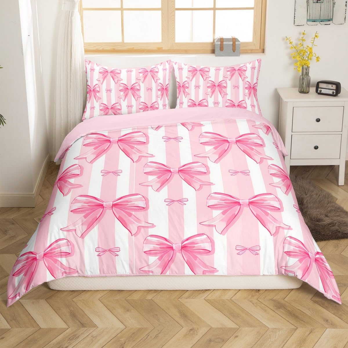 Feelyou Kids Girls Pink Bow Duvet Cover,Cute Pink Bowknot Bedding Set Queen Size,Stripe Bow Comforter Cover,Kawaii Bedspread Cover,No Comforter
