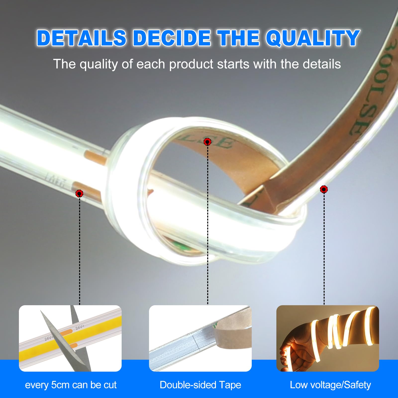 KISUFU Tira LED COB 24V, 480 LEDs/m Impermeable IP65 Luces LED Flexible Pegamento de doble cara Tira Luz LED con WIFI 23 teclas IR Dimmer para Cocina, Dormitorio, Baño, iluminación DIY