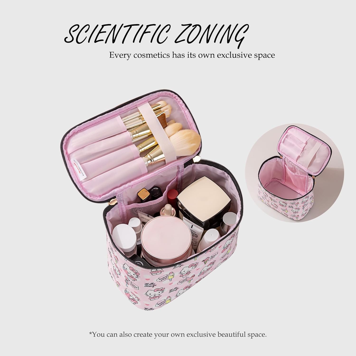 AmBealla Cosmetic Bag Large Makeup Bag Pink Makeup Travel Case with Brush Holder, Canvas Organizer for Women, Toiletry Bag for Skincare & Beauty Tools Sweet Cute for Girls - Image 4