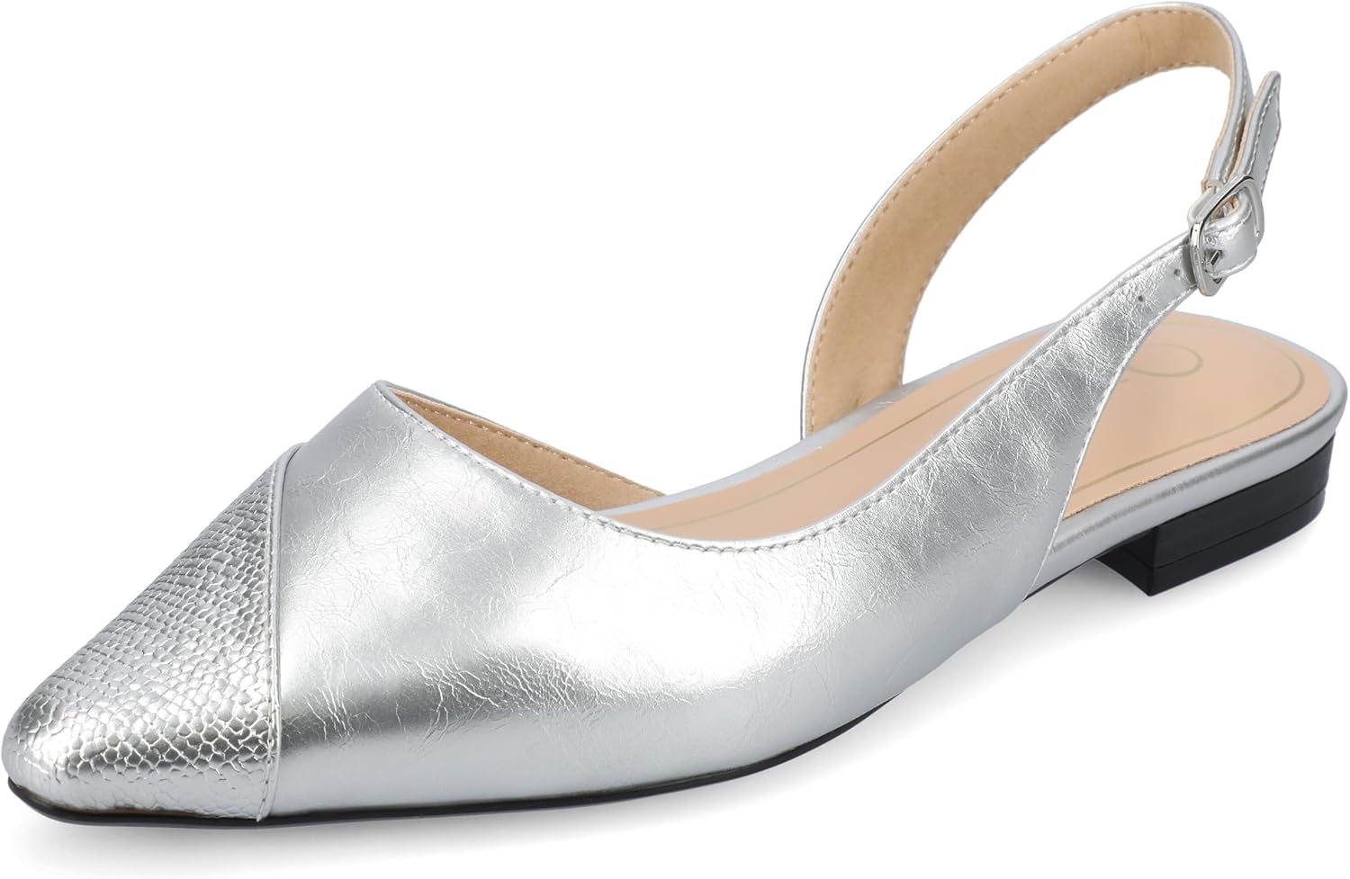 Journee Womens Buckle Slingback Tweed Stacked Block Heel Closed Pointed Toe Comfort Foam Daphnne Flat