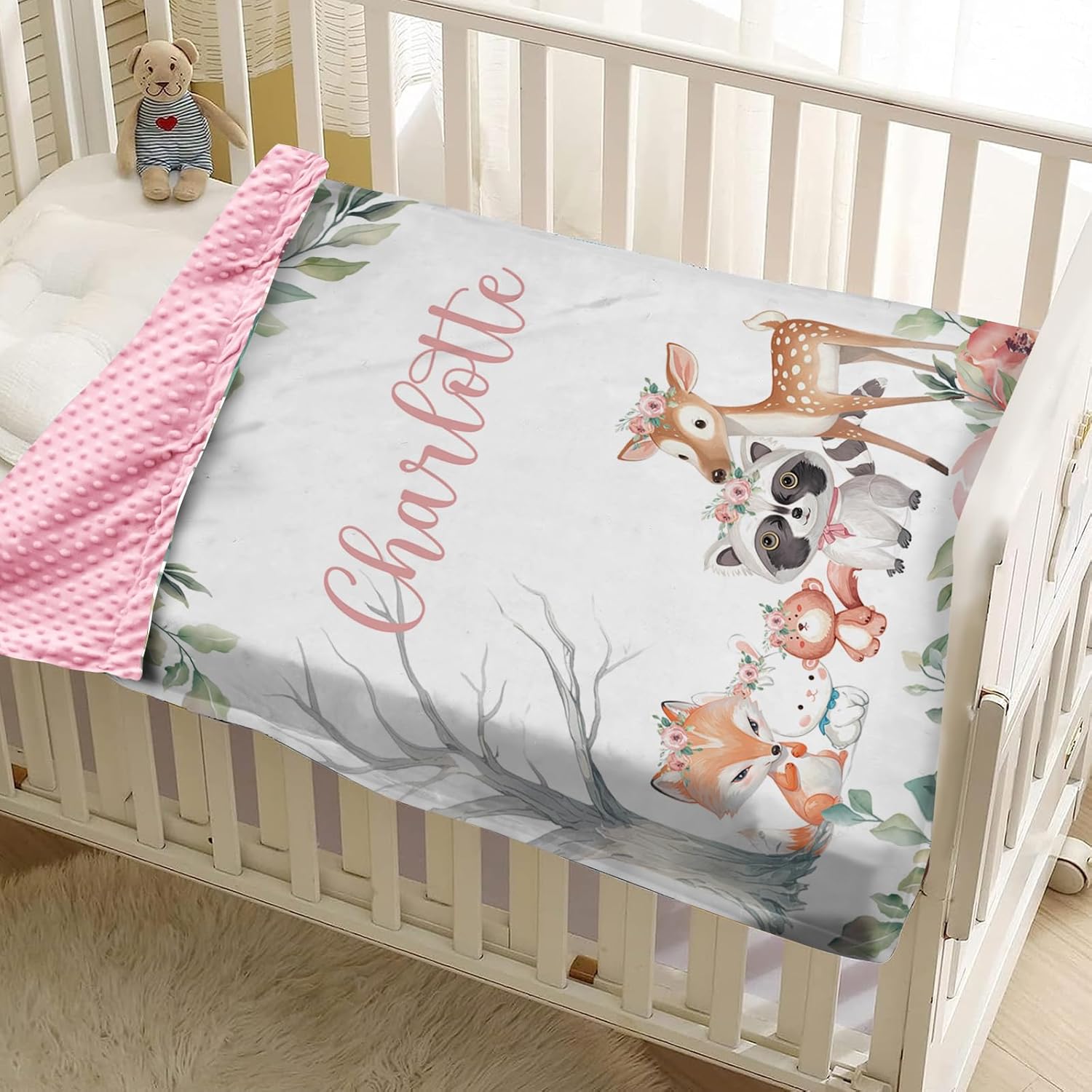 Personalized Baby Blankets for Girls, Custom Name Baby Blanket with Sika Deer & Fox Pattern, Soft Receiving Blanket for Newborns and Toddlers, Ideal for Baby Showers and Nursery Decor