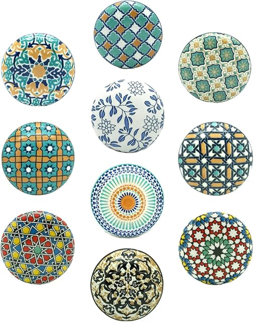 G Decor Positive Energy VI Assorted Designs Ceramic Door Knobs, Vintage, Shabby Chic, Interior Furniture, Cabinet Cupboard Drawers Pulls Handles (10-Pack)
