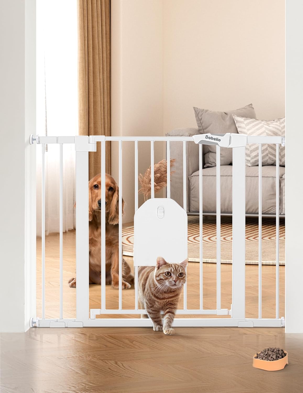 Babelio Auto Close Baby Gate with Cat Door,29-43" Metal Gate for Doorway,Stairs, House,Easy Walk Thru with Pet Door,Includes 4 Wall Cups and 3 Extension Pieces,White White 29-43" Wide, 30" Tall