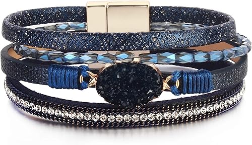 FANCY SHINY - Pulsera de cuero de estilo bohemio con cierre magnético y cuentas de cristal, regalo para mujeres, adolescentes y niñas