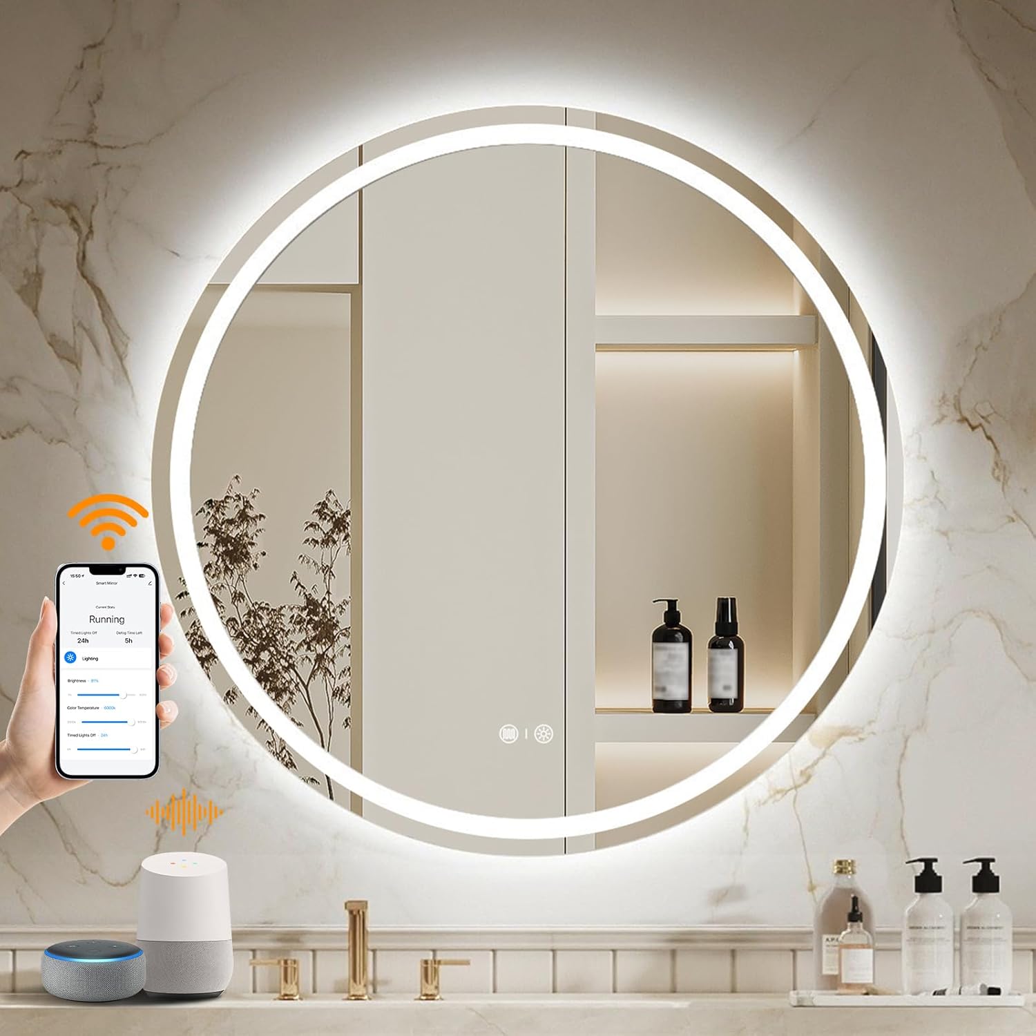 ENZE 32" Round LED Bathroom Mirror with Lights, Smart Wall-Mounted Vanity Mirror, Anti-Fog, 3 Color Lighting, Stepless Dimmable, Frameless, Shatter-Proof, Plug-in or Hardwired