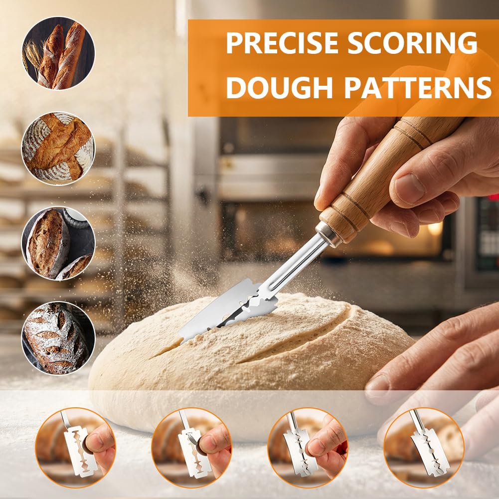 OSDUE Cuchilla Panadero, 4 Piezas Batidor Danés, Cuchilla Panadero Greñar Pan con 10 Hojas & Funda Protectora, Espátula para Masa y Cepillo Hornear, Ideal para Baguettes Masa Pan Casero y Repostería