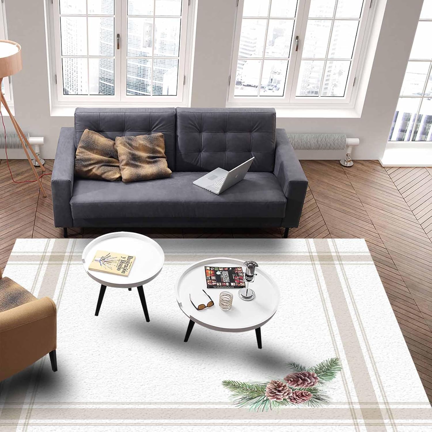 Large Rectangular Area Rugs 4' x 6' Living Room, Christmas Durable Non Slip Rug Carpet Floor Mat for Bedroom Bedside Outdoor Country Simple Line Pine Cones Branches