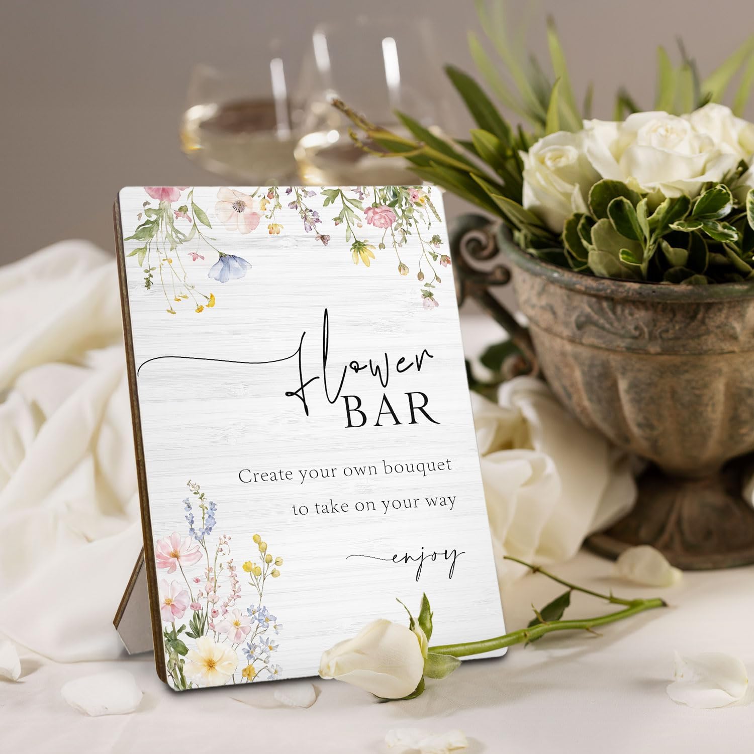 Flower Bar Sign，Wedding Floral Bridal Shower Signs,Wildflower Bouquet Bar Wooden Stand 5x7 Inch, Wedding Reception Decor image 3