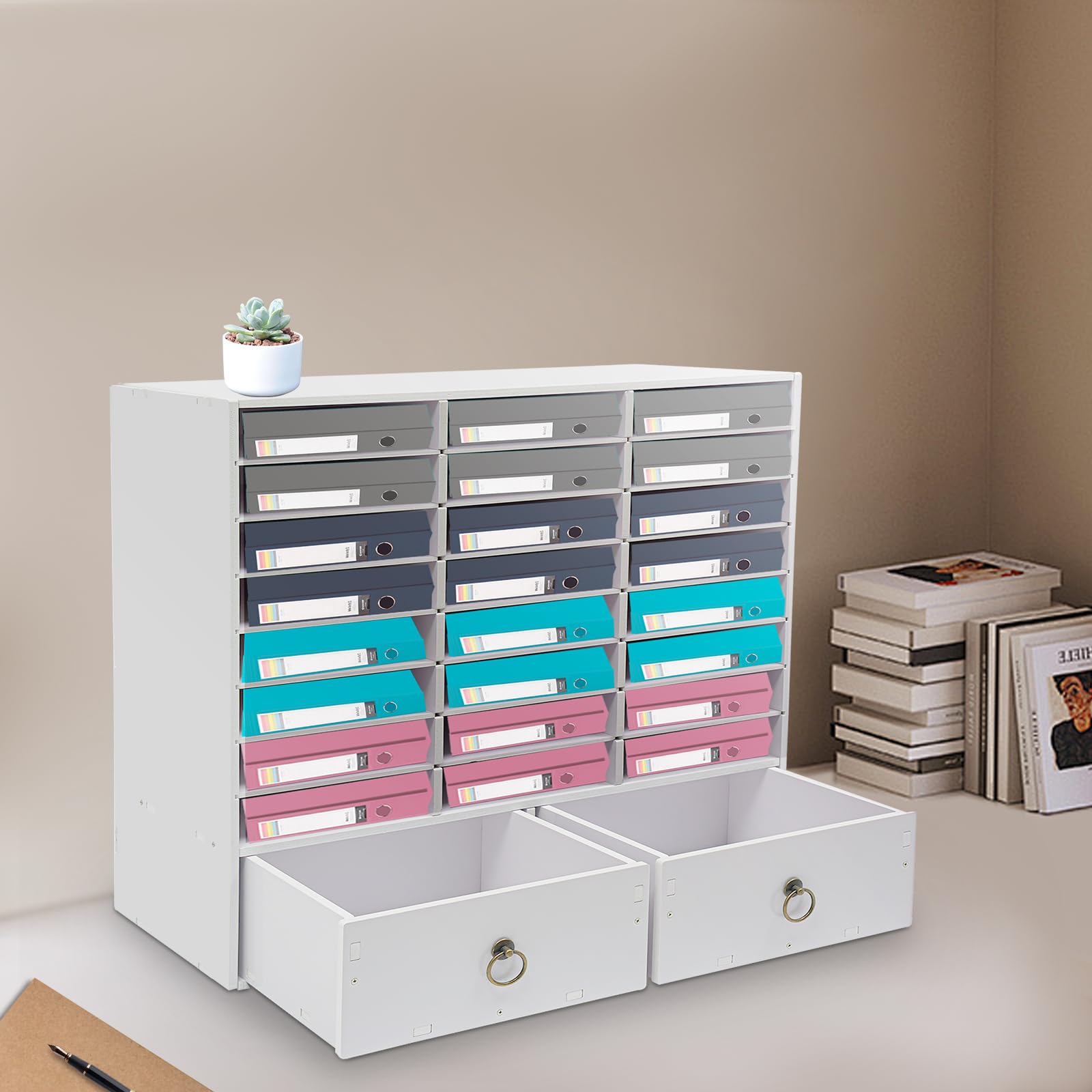 Dokumentenablage A4 Briefablage Organizer mit 24 Fächer & 2 Schubladen, Schreibtisch Literature Ablagesystem Papierablage Aktenaufbewahrung, für Büro Arbeitszimmer Schule (Weiß)