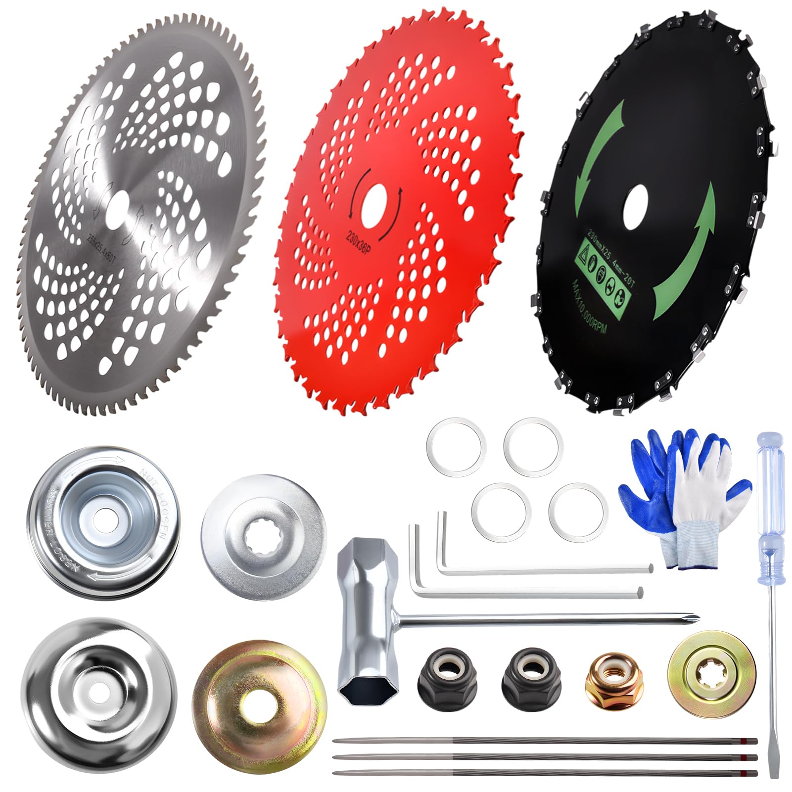 SPEEDWOX Cuchillas de corte de cepillo con punta de carburo de 9 y 10 pulgadas, 3 dientes de motosierra 36T + acero al carbono 20T + cuchillas recortadoras 80T con kit adaptador para cortador de
