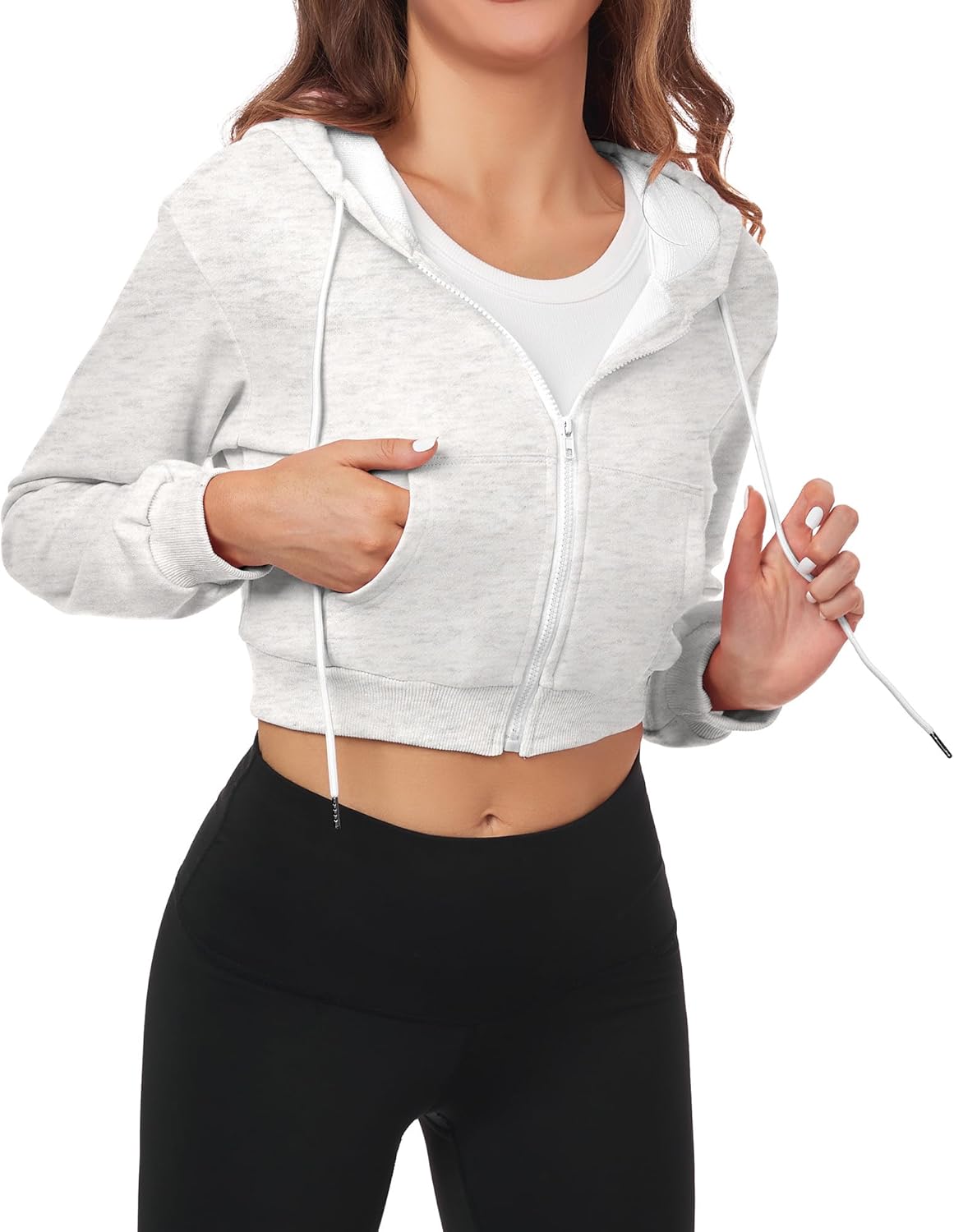 FKEEP Cropped Zip Up Hoodie Women Jacket Top Sweatshirt Casual Basic Gym Workout Sport