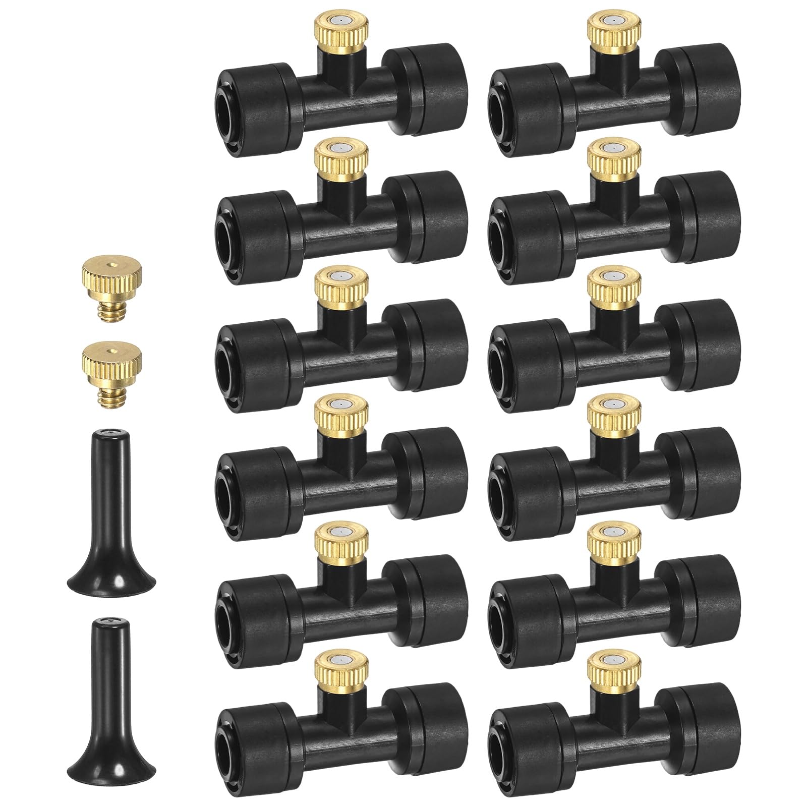 M METERXITY 12-Pack Brass Misting Nozzles Tees, 0.7mm Orifice Dia Heavy Duty Mister Nozzle with Brass Plugs and Black Plugs for 1/4 Inch Tubing Outdoor Spray Cooling System