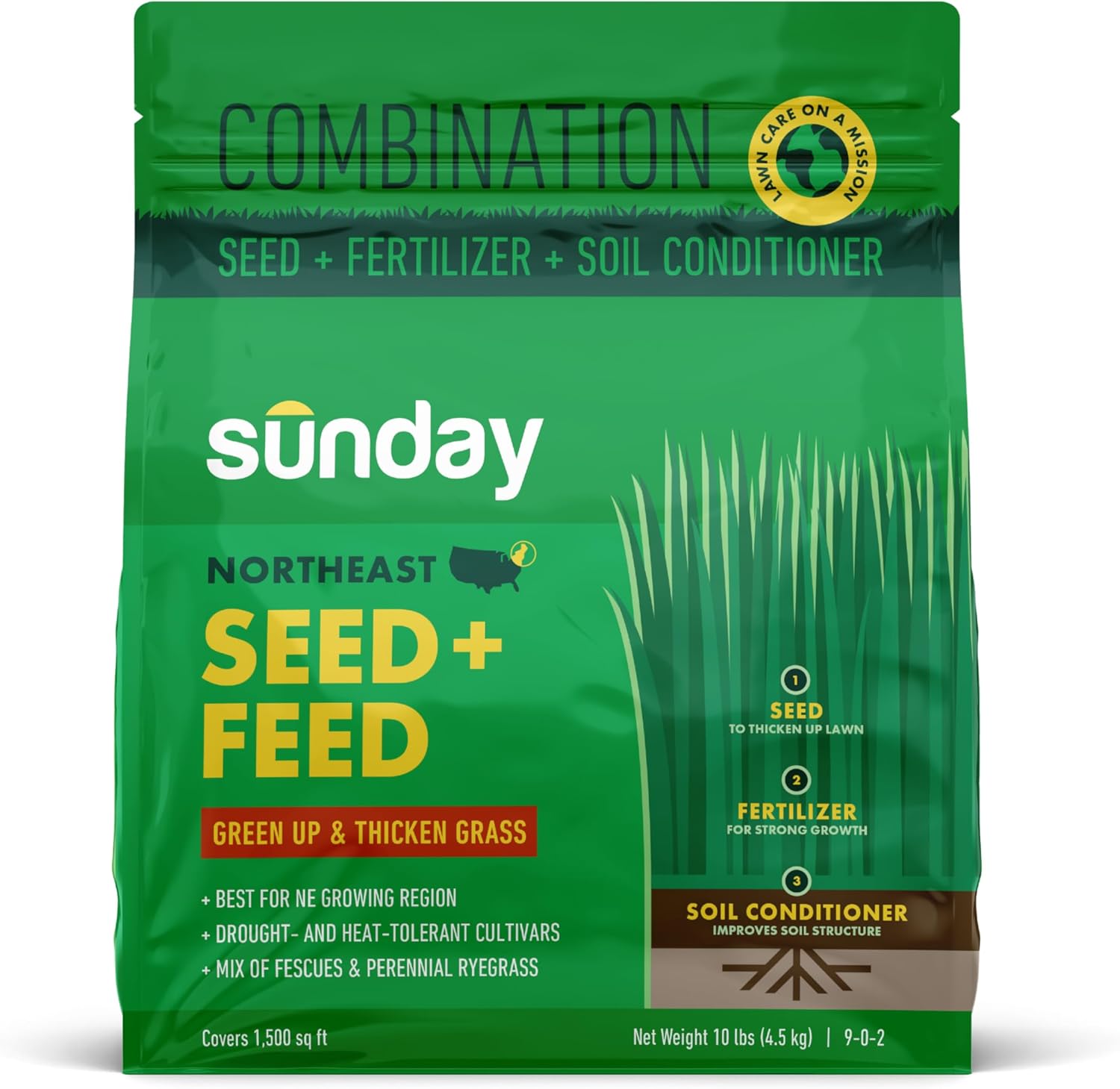 Sunday Northeast Seed + Feed - Grass Seed, Soil Conditioner, & Fertilizer Mix - Northeast Lawn Seed with Tall Fescue, Fine Fescue & Tetraploid Ryegrass - 9-0-2 NPK - Covers 1,500 sq. ft. - 10lbs