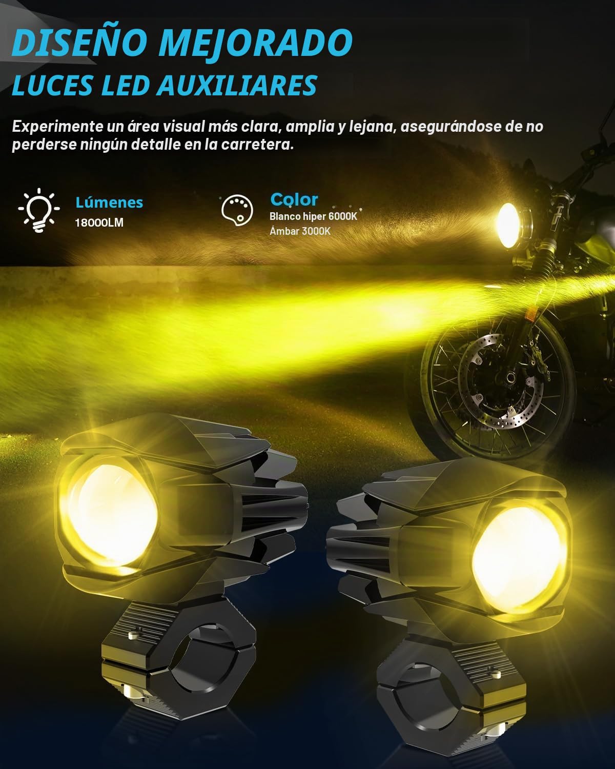 CO LIGHT Paquete de 2 faros antiniebla LED para motocicleta, 60 W, ámbar/amarillo, blanco, dos tonos, luces auxiliares de trabajo todoterreno con arnés de cableado, compatible con motocicleta, coche