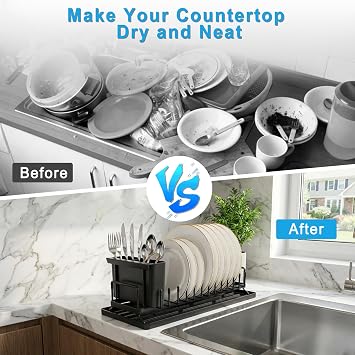 Sink Dish Drying Rack, Expandable Dish Drainer Rack with Drip Tray, Kitchen Draining Board Rack with Cutlery Holder, Compatible with 14 - 19 Kitchen Sink, Black