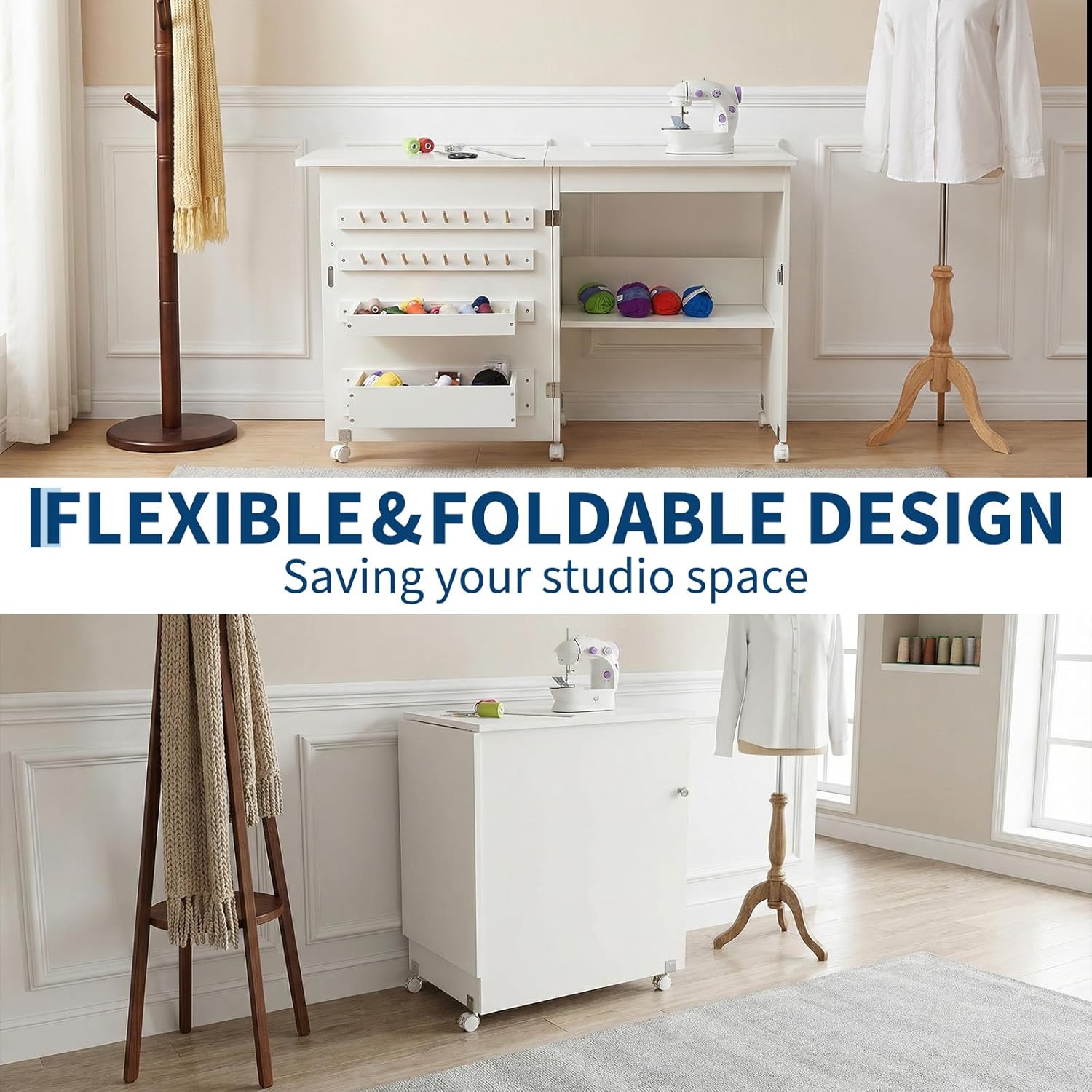 Garvee Folding Sewing Table, Sewing Machine Table with Compact Design, Multipurpose Craft Station & Side Desk with Lockable Wheels, Storage Shelves, Storage Trays, Pegs, Magnetic Locks